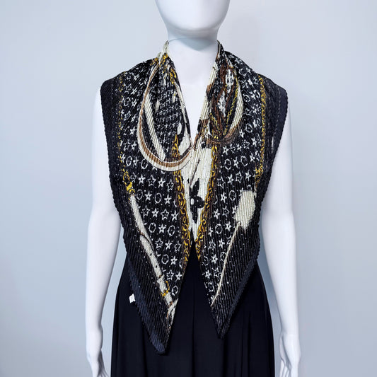Black Flower Silk Feel Pleated Scarf With Rhinestones