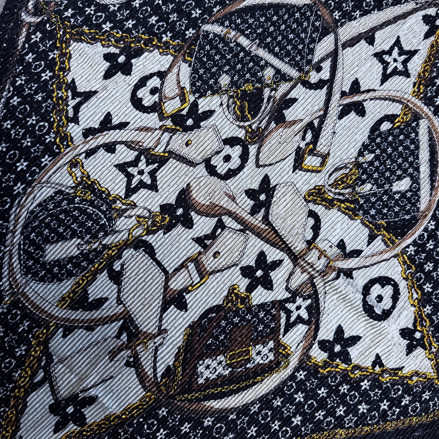 Black Flower Silk Feel Pleated Scarf With Rhinestones