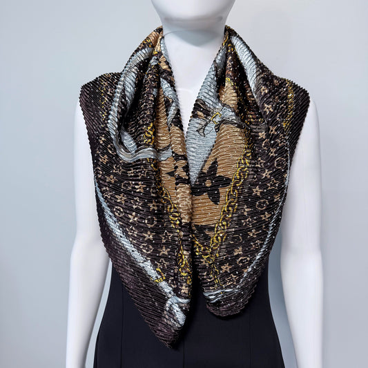 Brown Flower Silk Feel Pleated Scarf With Rhinestones