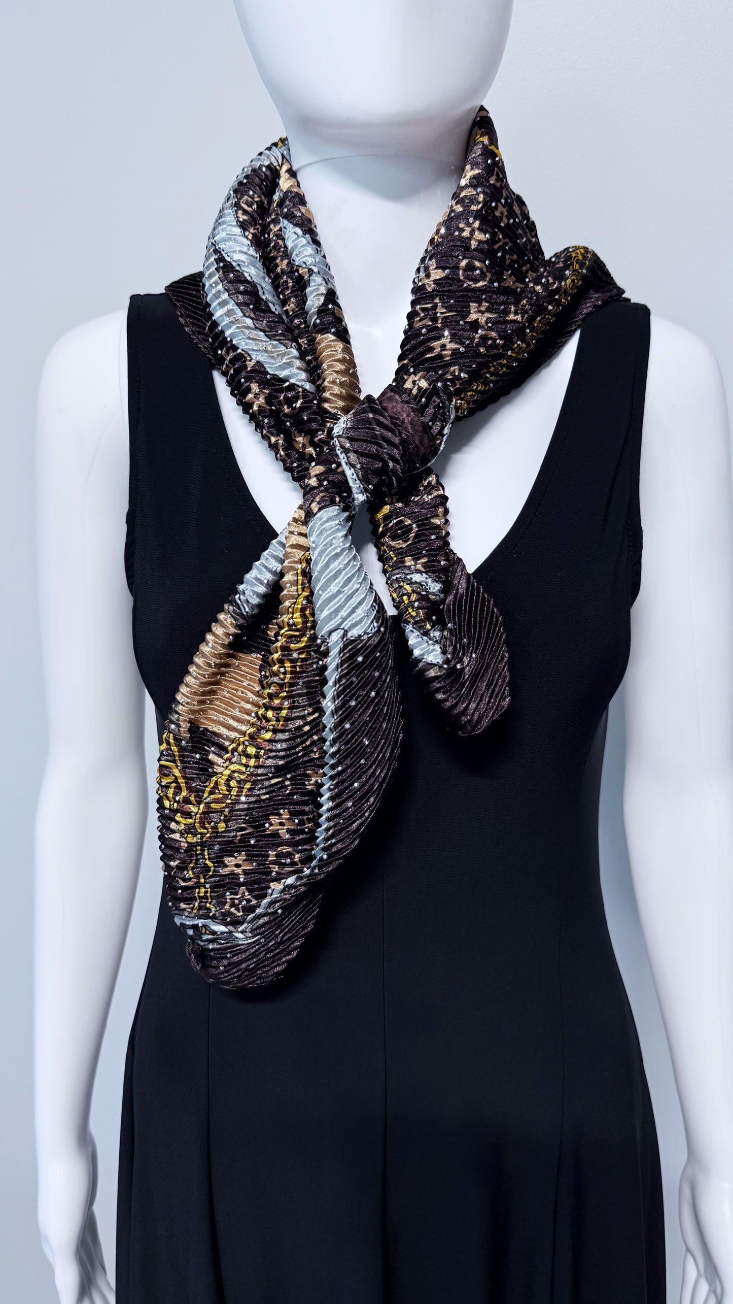 Brown Flower Silk Feel Pleated Scarf With Rhinestones