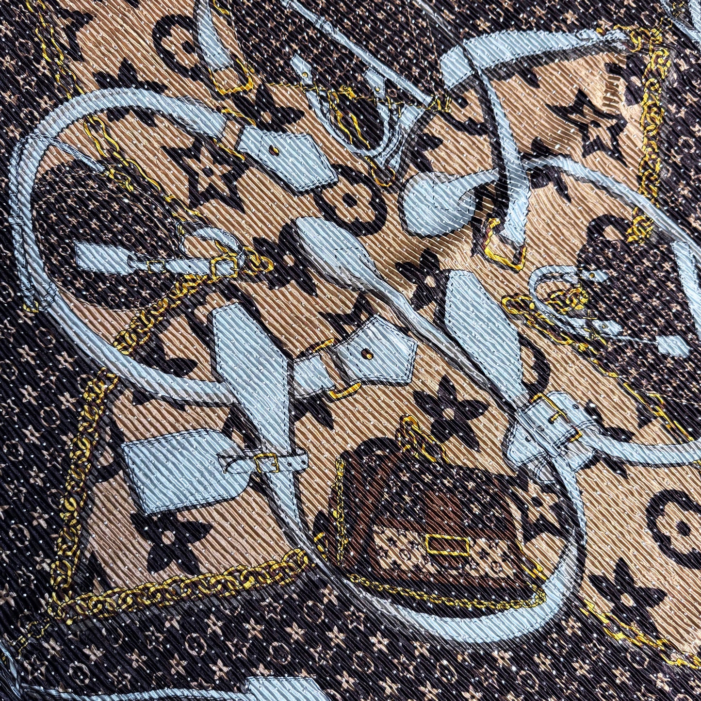 Brown Flower Silk Feel Pleated Scarf With Rhinestones