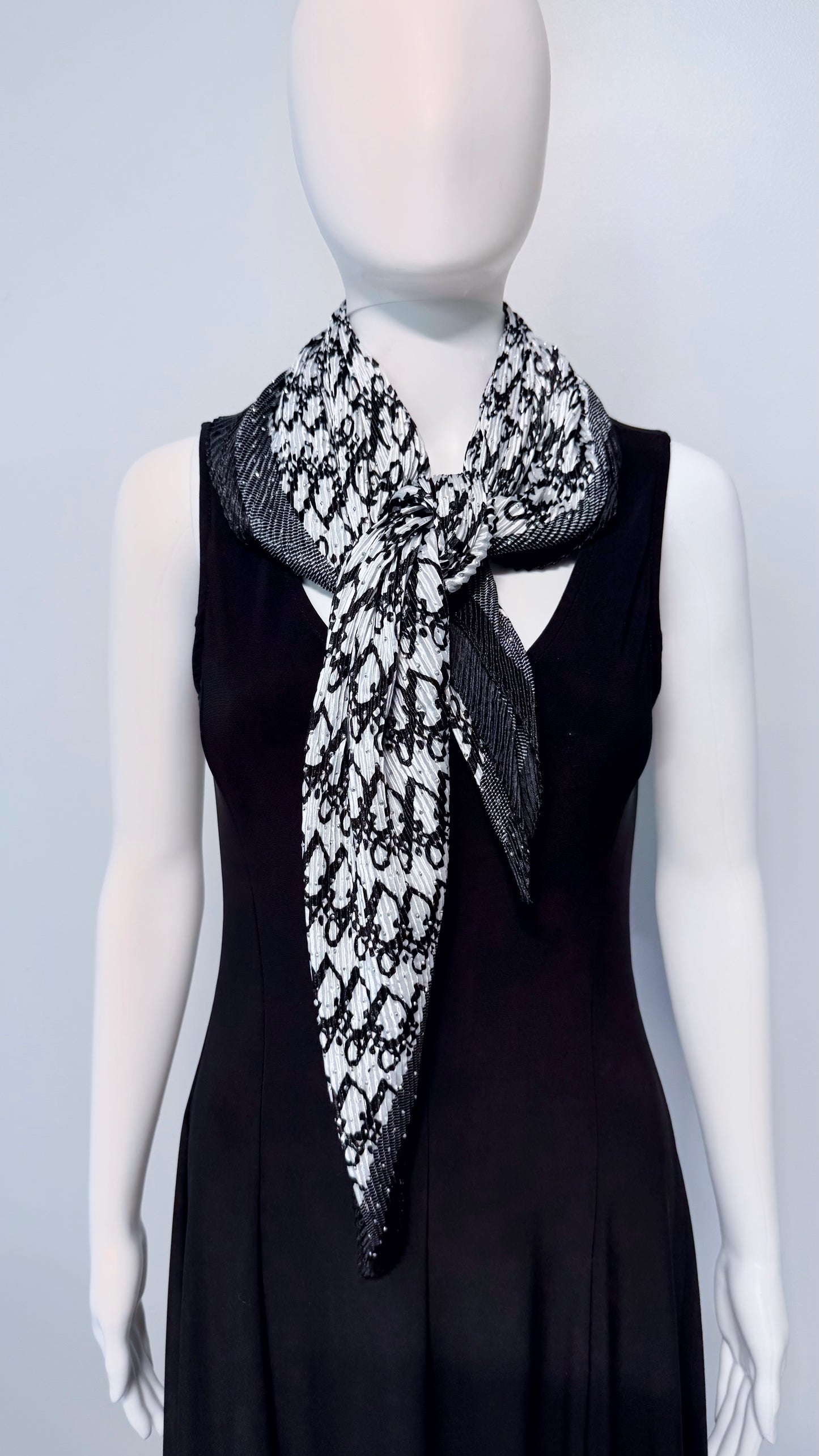 Black Silk Feel Pleated Scarf With Rhinestones
