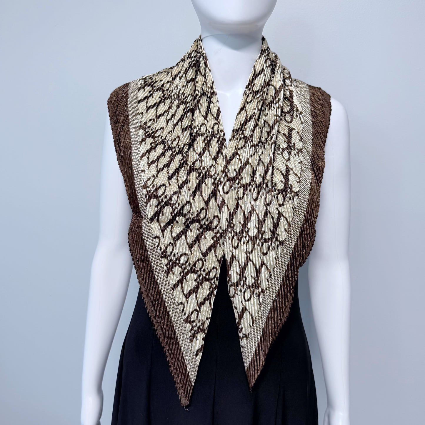 Brown Silk Feel Pleated Scarf With Rhinestones
