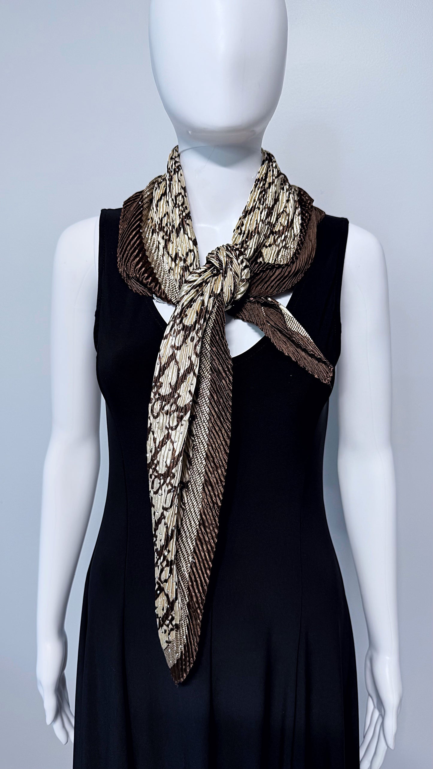 Brown Silk Feel Pleated Scarf With Rhinestones