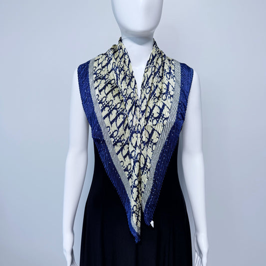 Blue Silk Feel Pleated Scarf With Rhinestones