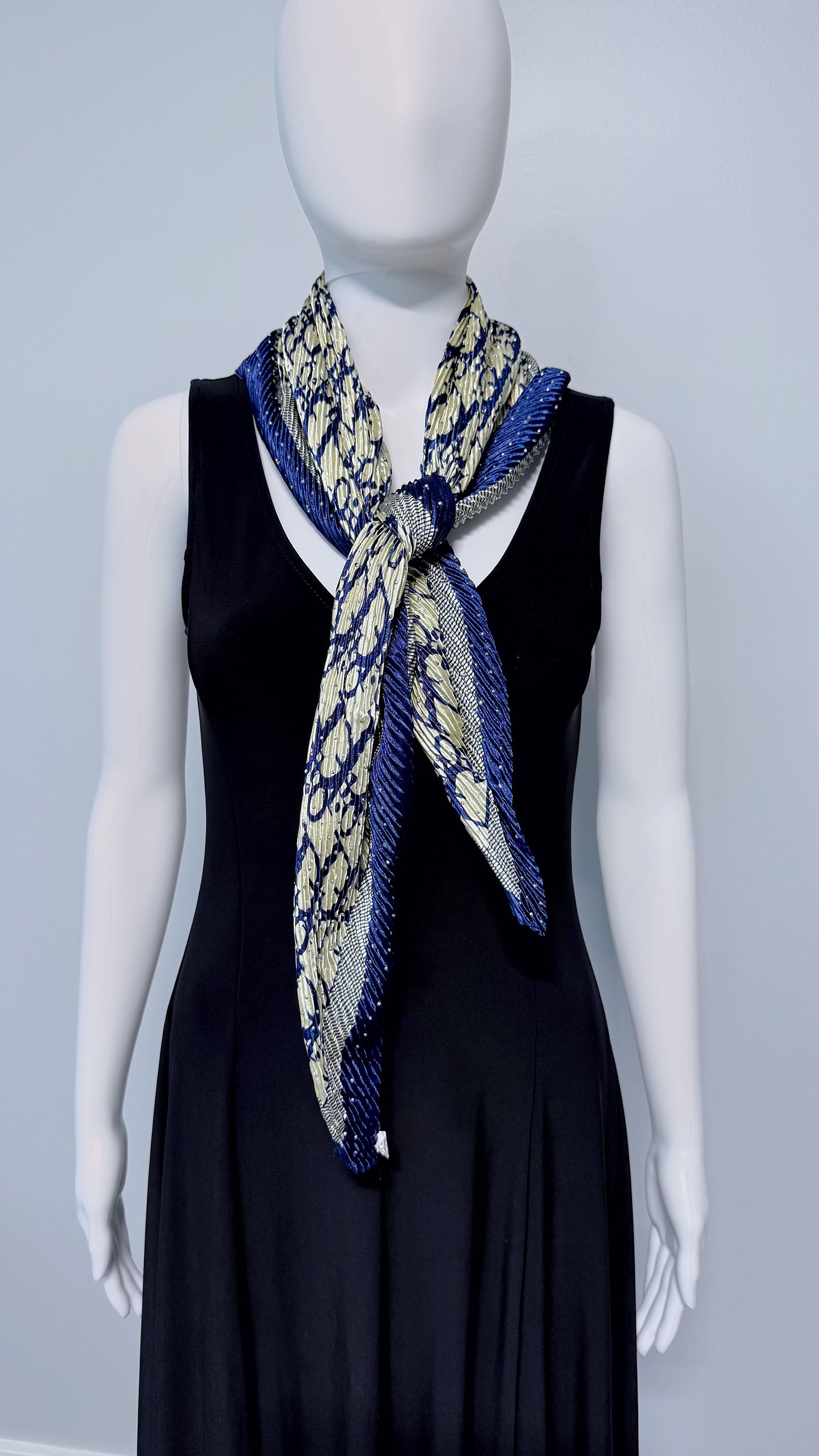 Blue Silk Feel Pleated Scarf With Rhinestones