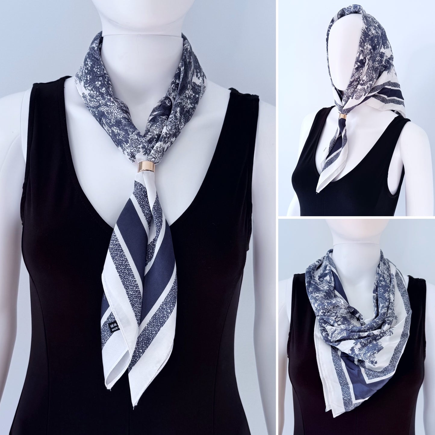 Blue or Black Print Faux Silk Scarf / Bandana