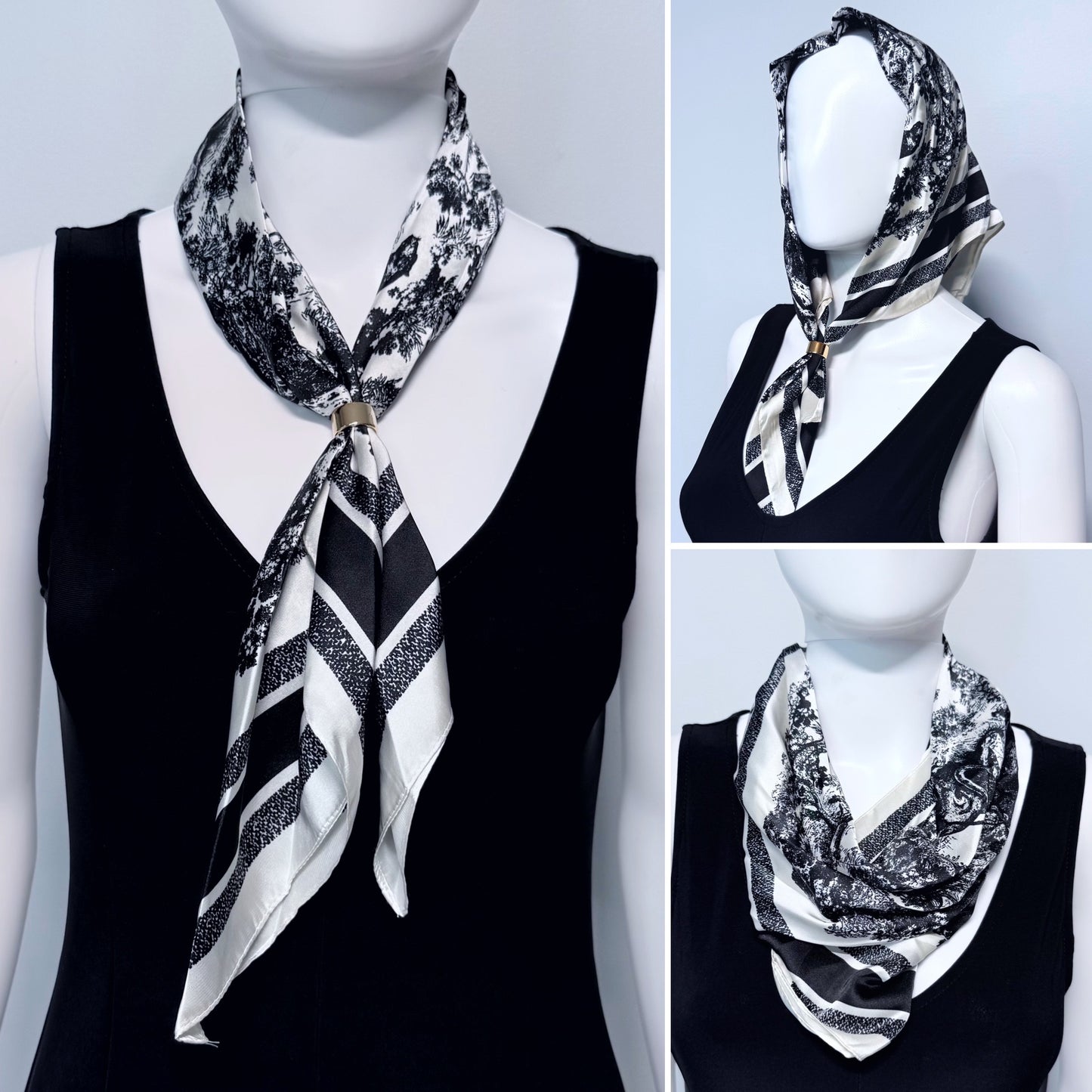 Blue or Black Print Faux Silk Scarf / Bandana