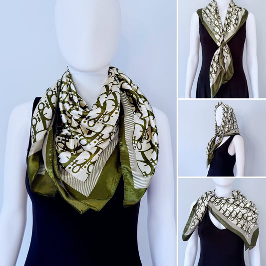 Olive Silk Feel Square Scarf Initial D Print