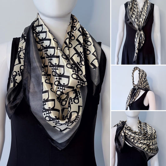 Black Silk Feel Square Scarf Initial D Print