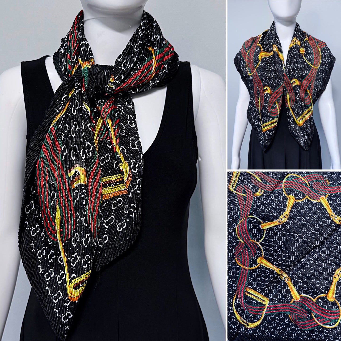 Black Silk Feel Pleated Scarf With Rhinestones