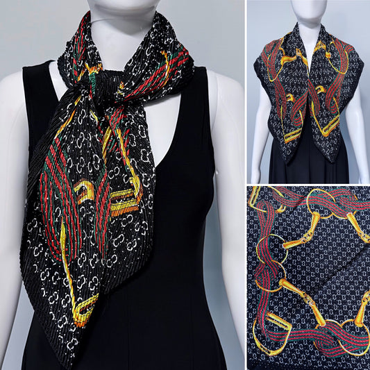 Black Silk Feel Pleated Scarf With Rhinestones