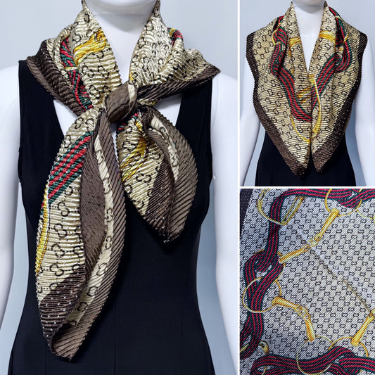 Brown Silk Feel Pleated Scarf With Rhinestones