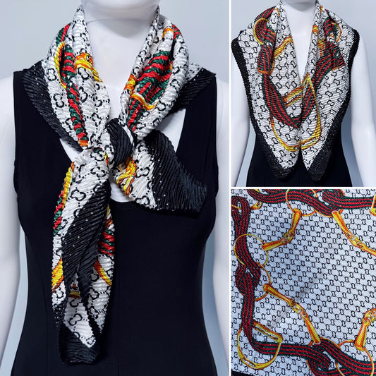 White Silk Feel Pleated Scarf With Rhinestones