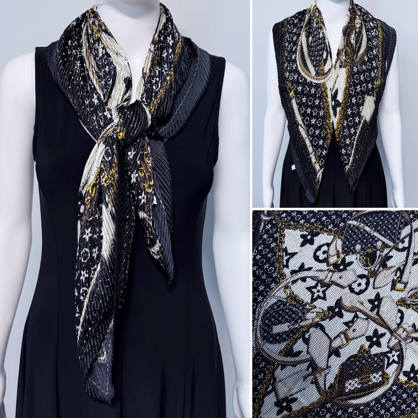 Black Flower Silk Feel Pleated Scarf With Rhinestones
