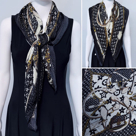 Black Flower Silk Feel Pleated Scarf With Rhinestones