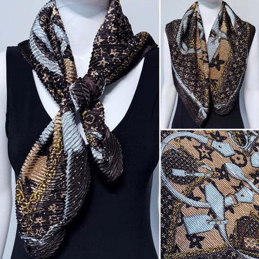 Brown Flower Silk Feel Pleated Scarf With Rhinestones