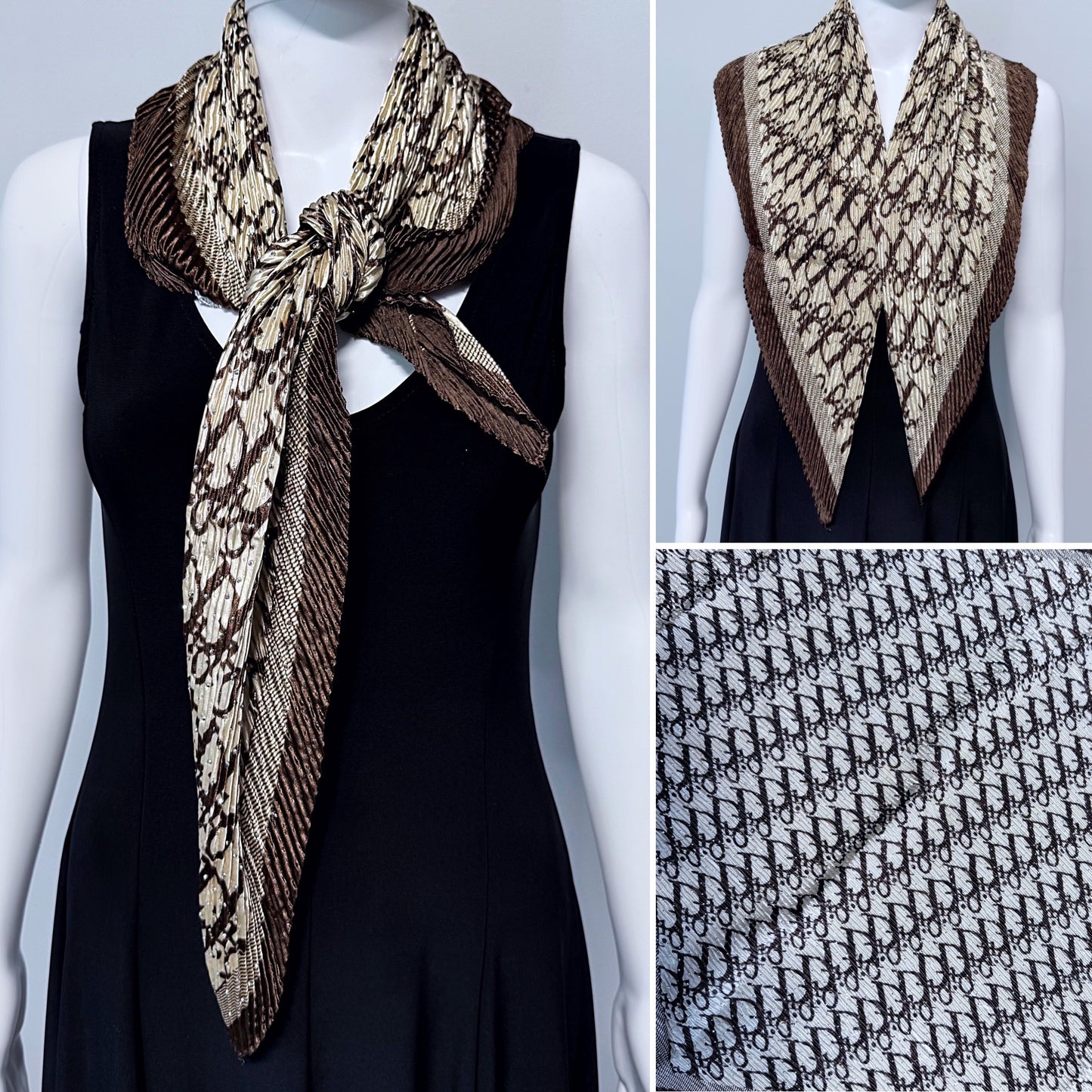 Brown Silk Feel Pleated Scarf With Rhinestones