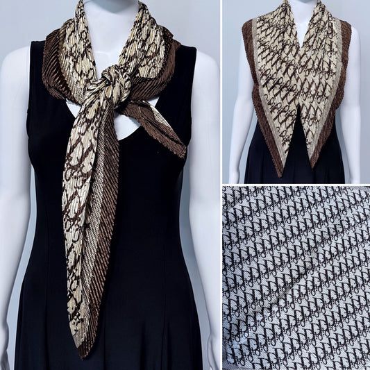 Brown Silk Feel Pleated Scarf With Rhinestones