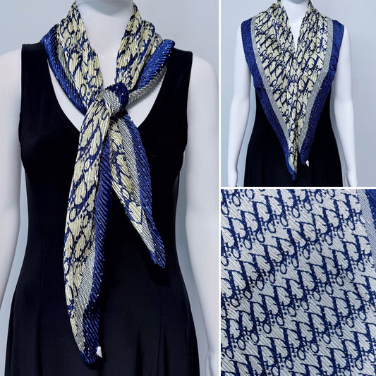 Blue Silk Feel Pleated Scarf With Rhinestones