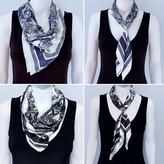 Blue or Black Print Faux Silk Scarf / Bandana