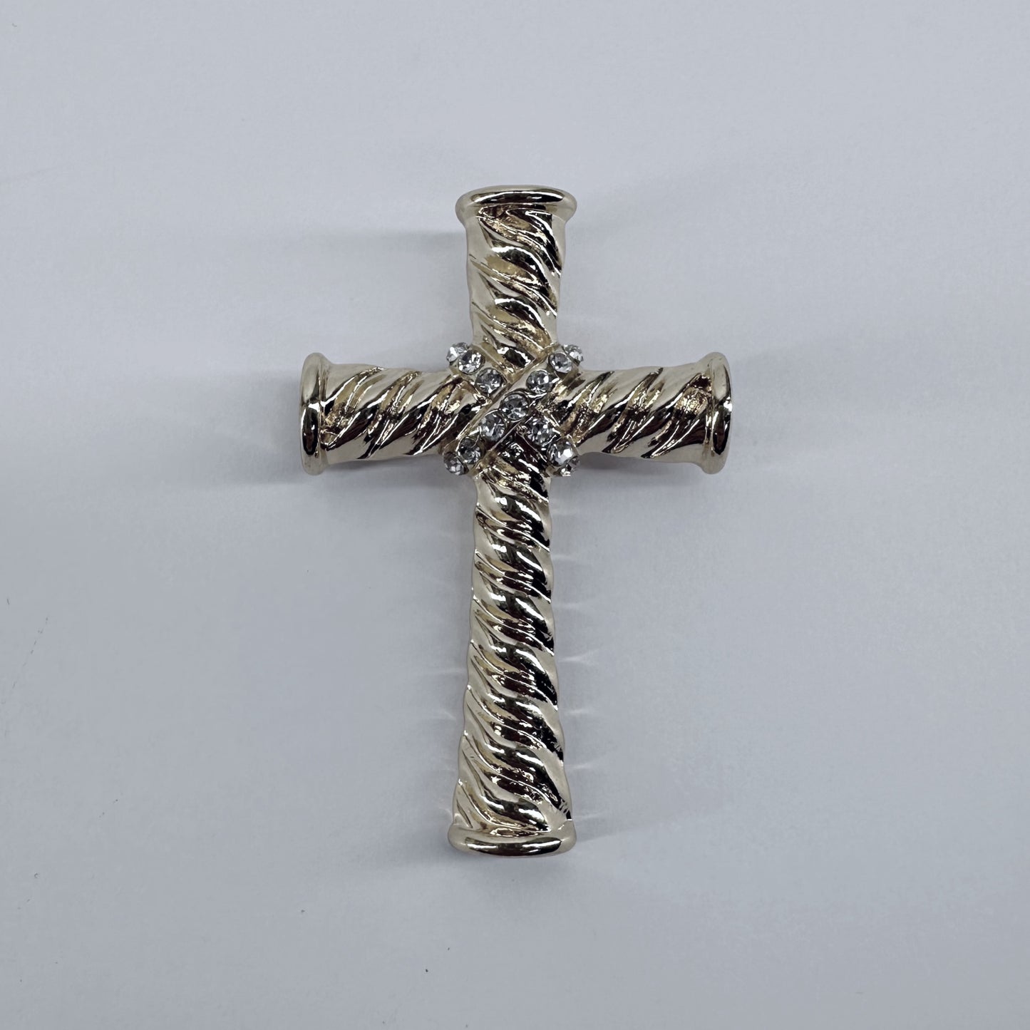 Corrugated Cross Brooch with Rhinestones