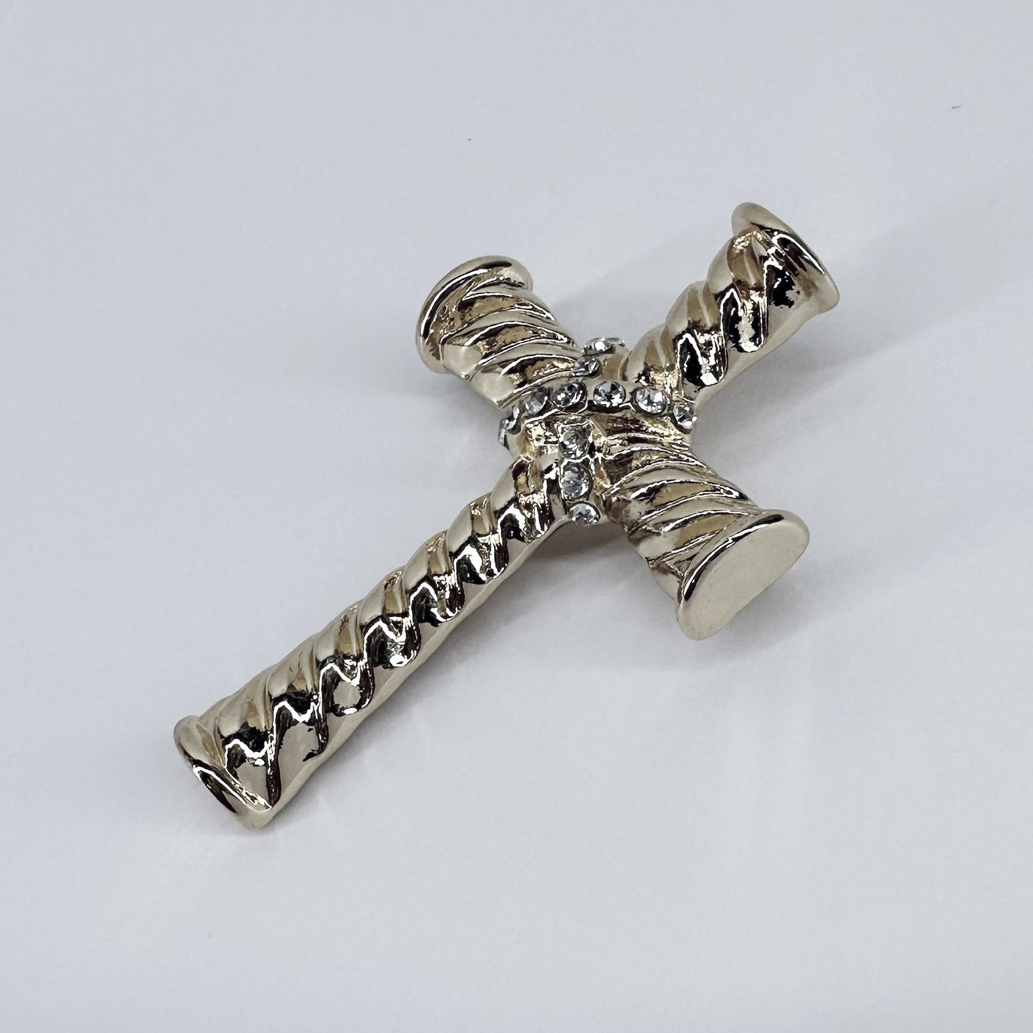 Corrugated Cross Brooch with Rhinestones