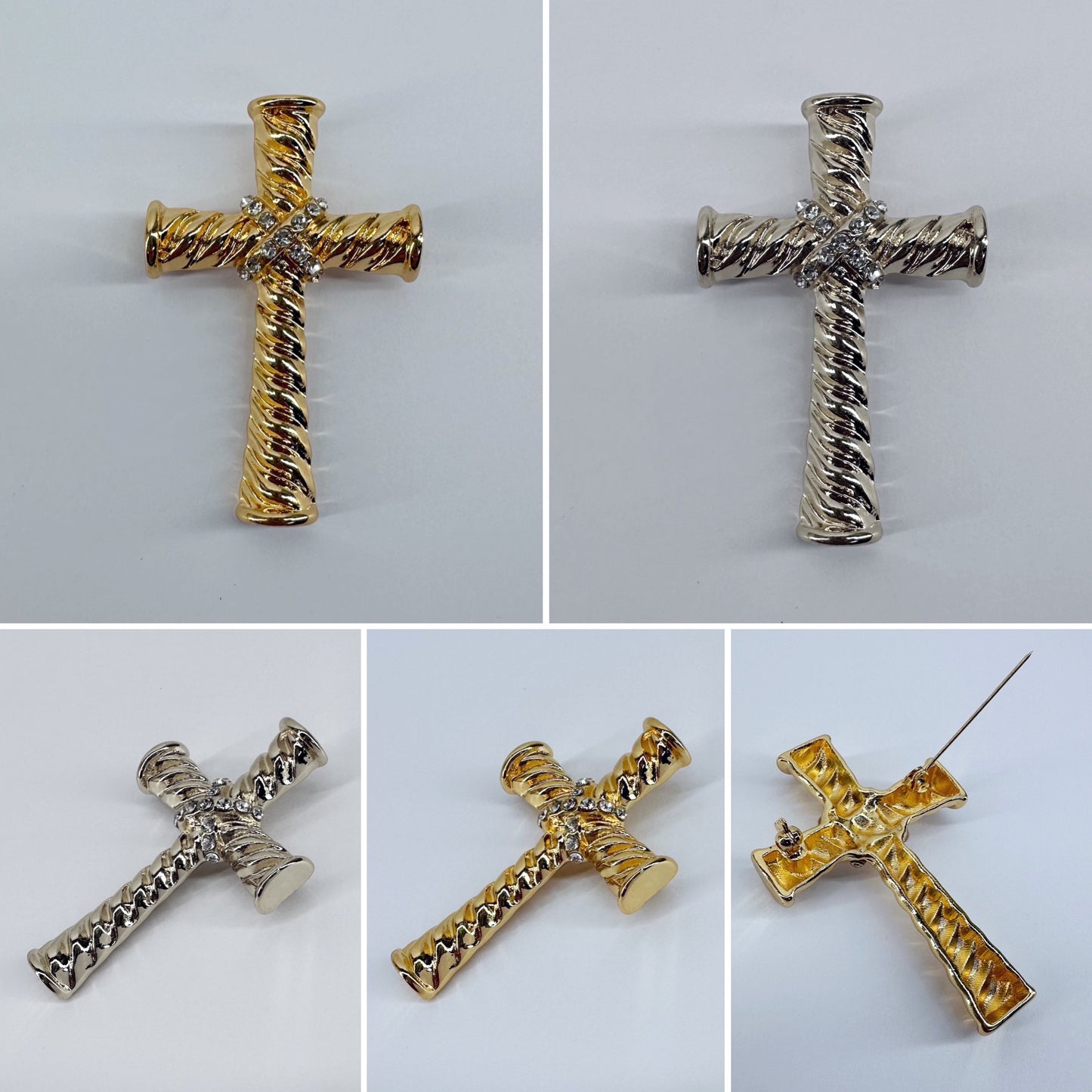 Corrugated Cross Brooch with Rhinestones