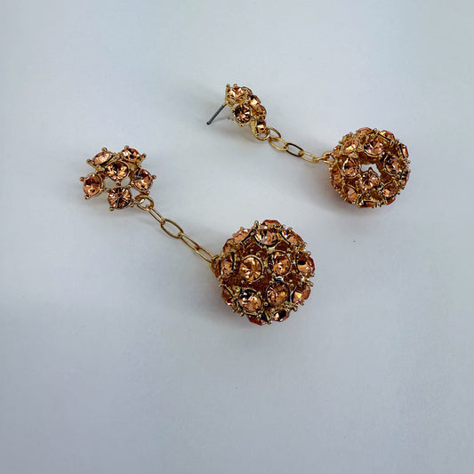 Gold Finish Earrings With Rose Gold Rhinestones And Rhinestone Ball Dangle