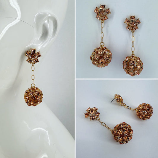 Gold Finish Earrings With Rose Gold Rhinestones And Rhinestone Ball Dangle