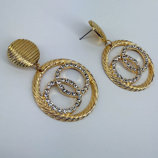 Post Back Earrings With Double Circle Design With Rhinestones Dangle
