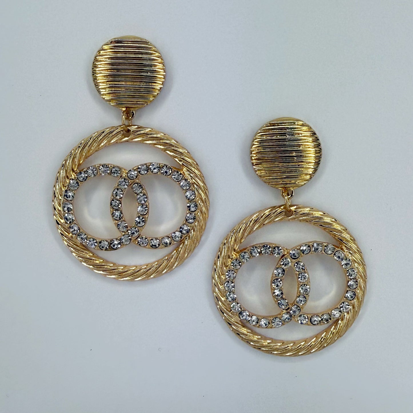 Post Back Earrings With Double Circle Design With Rhinestones Dangle
