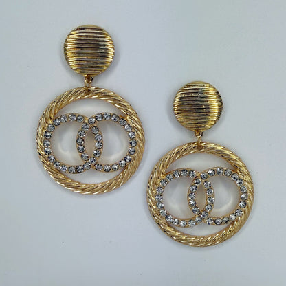 Post Back Earrings With Double Circle Design With Rhinestones Dangle