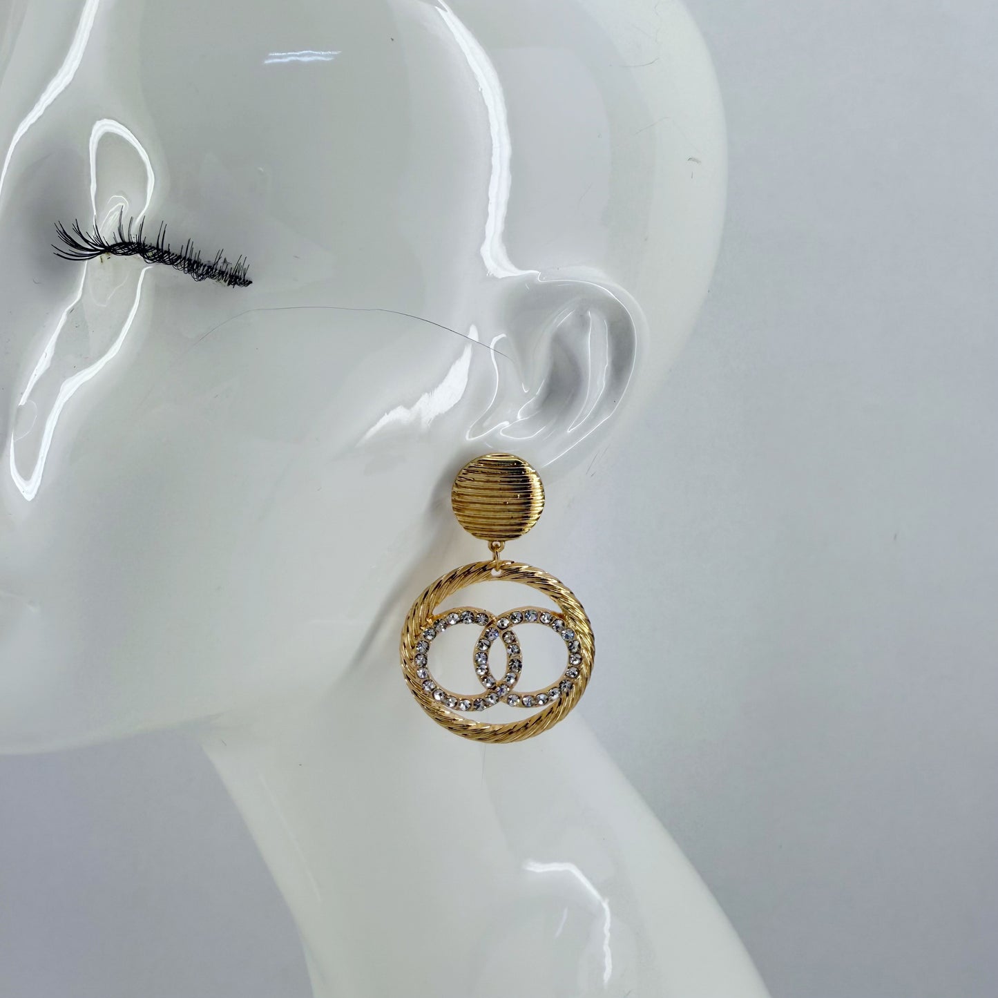 Post Back Earrings With Double Circle Design With Rhinestones Dangle