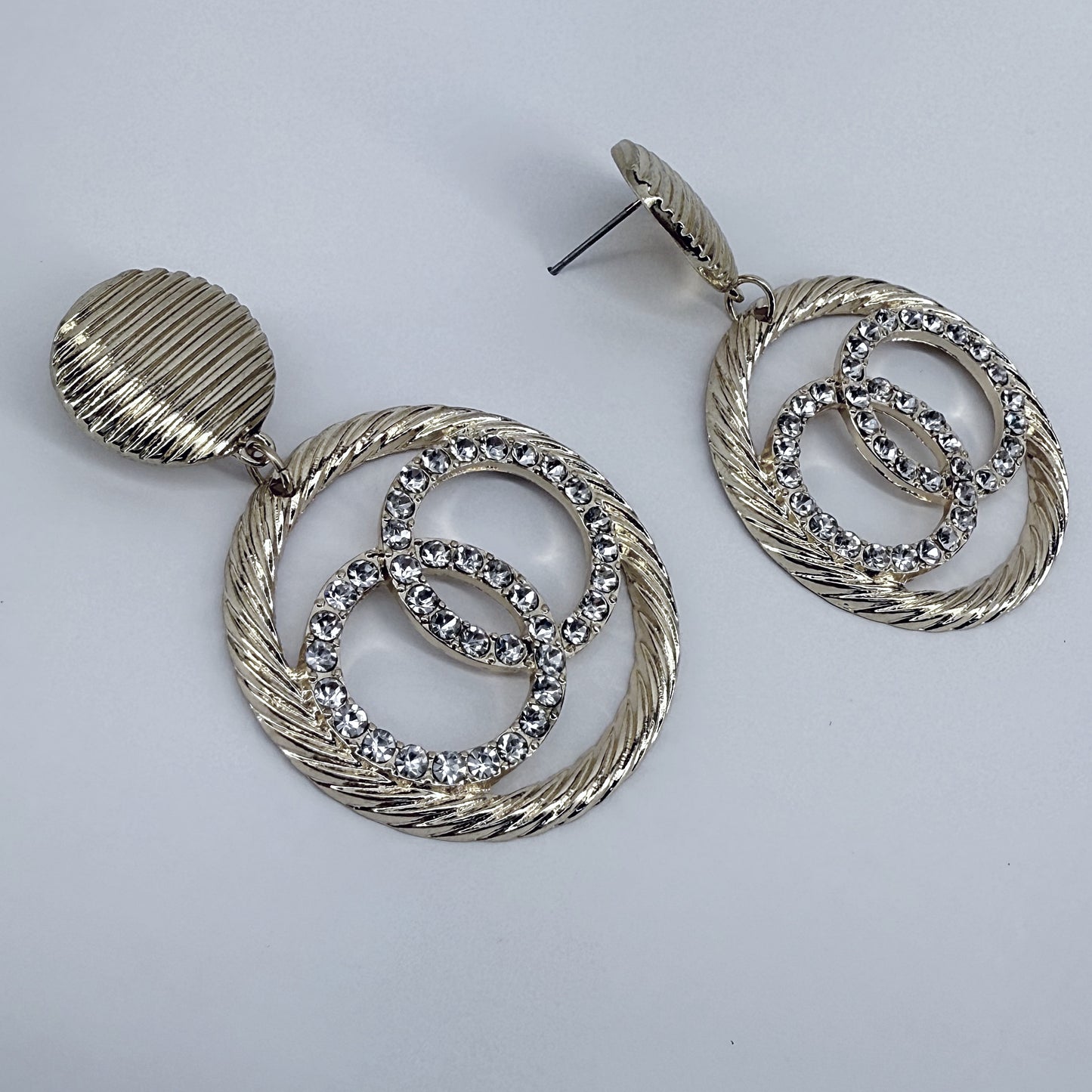 Post Back Earrings With Double Circle Design With Rhinestones Dangle