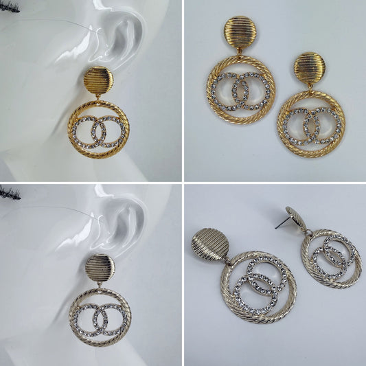 Post Back Earrings With Double Circle Design With Rhinestones Dangle