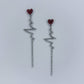 Red Rhinestone Heart Shape Post Back Earrings With Heartbeat Design Dangle