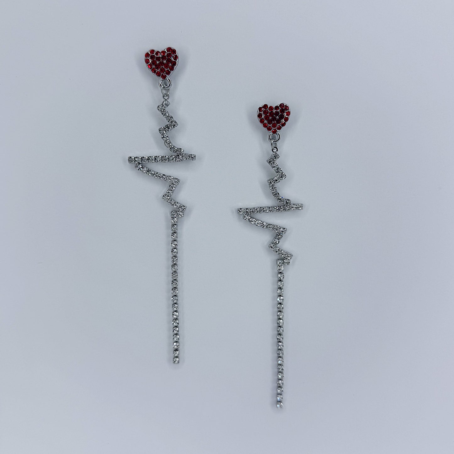 Red Rhinestone Heart Shape Post Back Earrings With Heartbeat Design Dangle