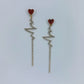 Red Rhinestone Heart Shape Post Back Earrings With Heartbeat Design Dangle