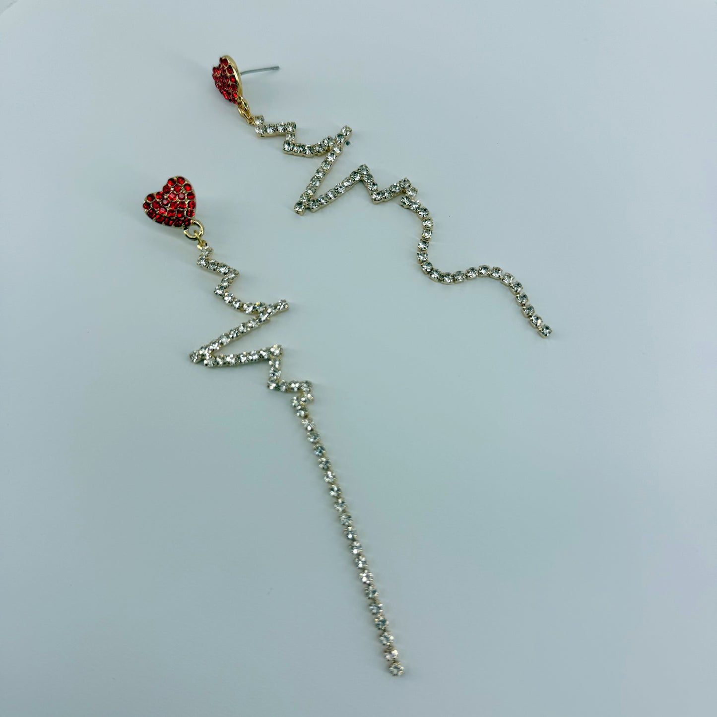 Red Rhinestone Heart Shape Post Back Earrings With Heartbeat Design Dangle