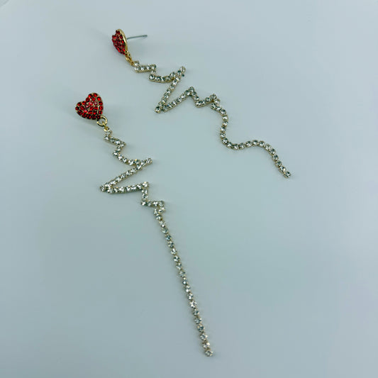 Red Rhinestone Heart Shape Post Back Earrings With Heartbeat Design Dangle