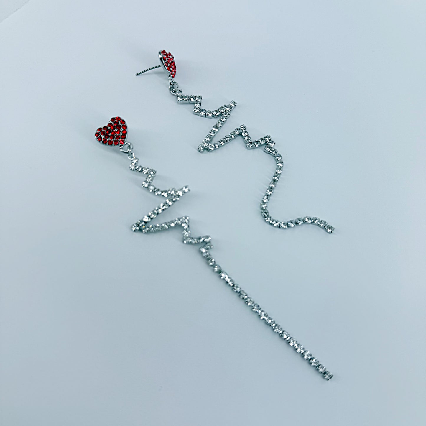 Red Rhinestone Heart Shape Post Back Earrings With Heartbeat Design Dangle