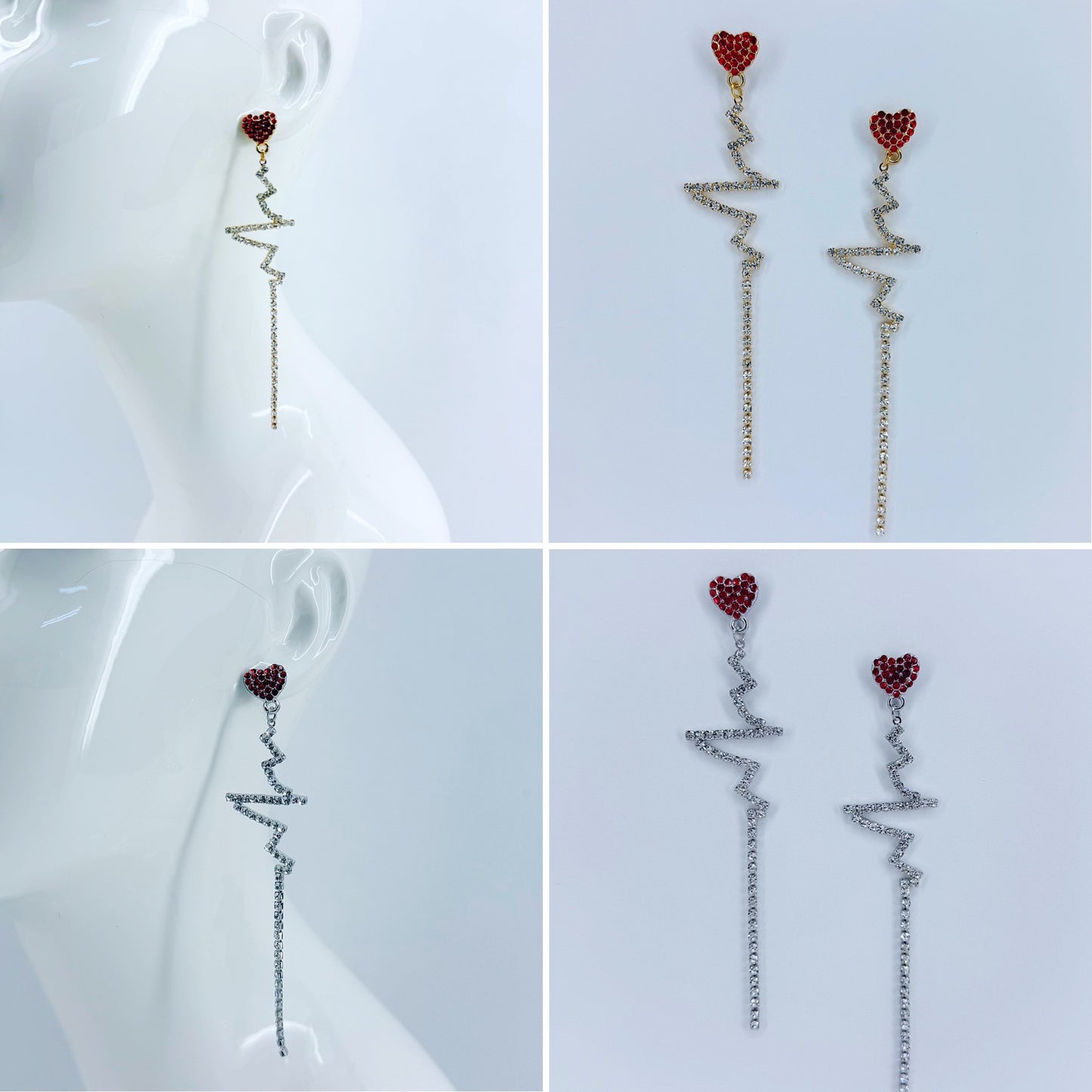 Red Rhinestone Heart Shape Post Back Earrings With Heartbeat Design Dangle