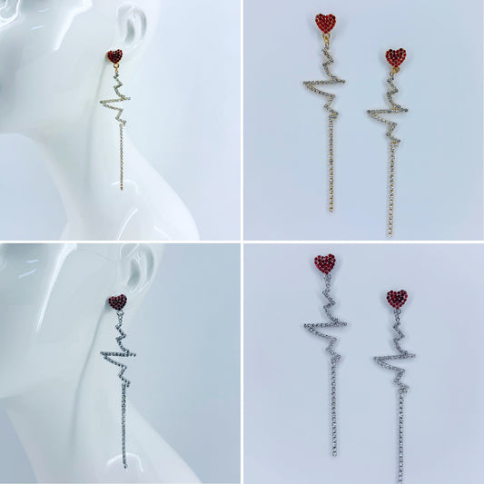 Red Rhinestone Heart Shape Post Back Earrings With Heartbeat Design Dangle