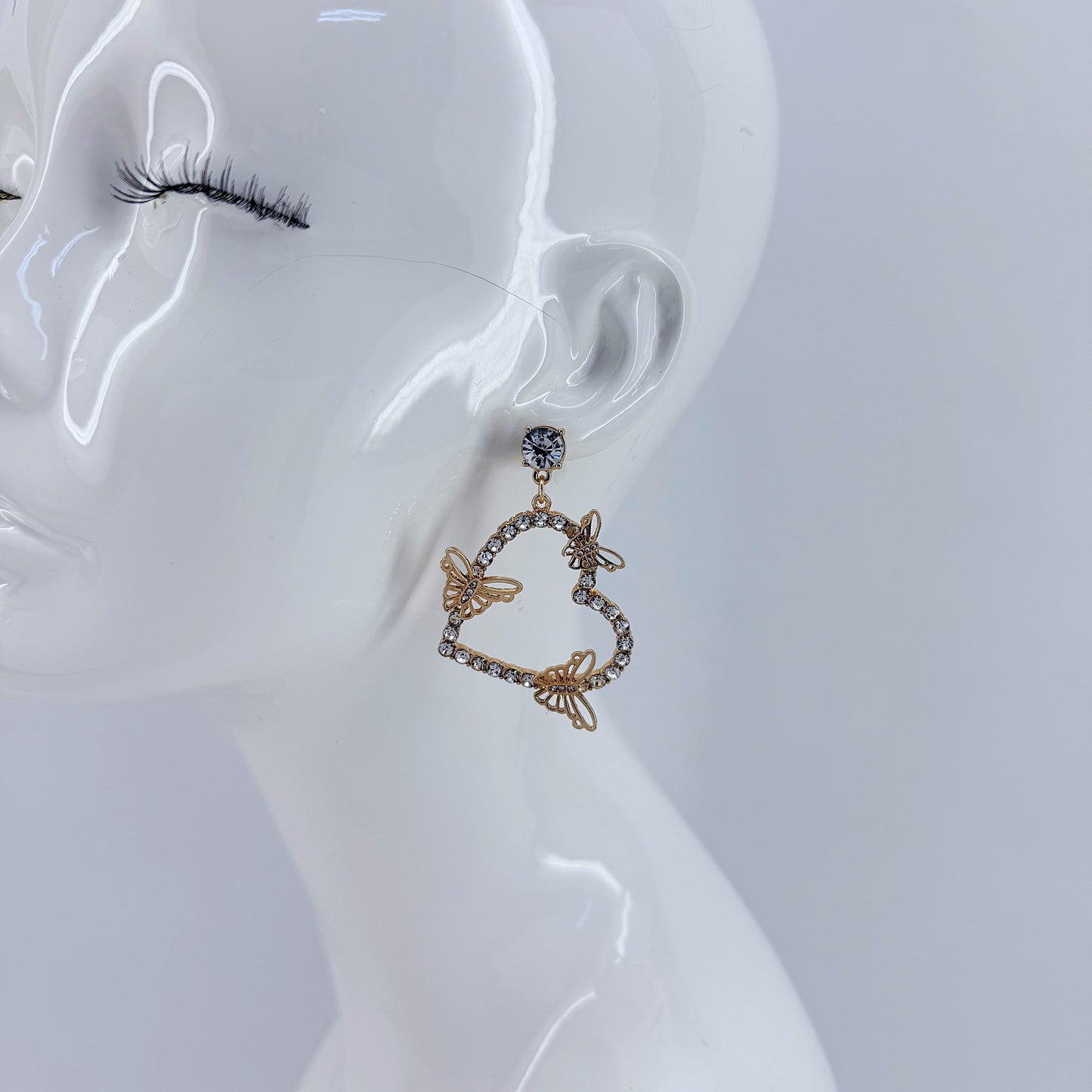 Rhinestone Post Back With Heart Shape Rhinestones Design And Butterfly Dangle