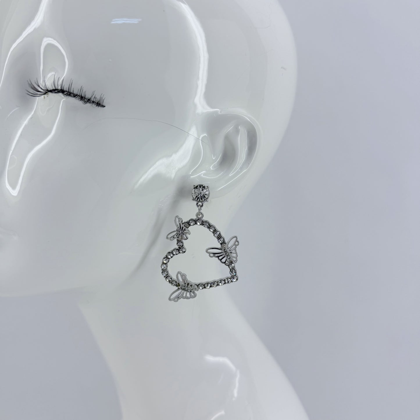 Rhinestone Post Back With Heart Shape Rhinestones Design And Butterfly Dangle