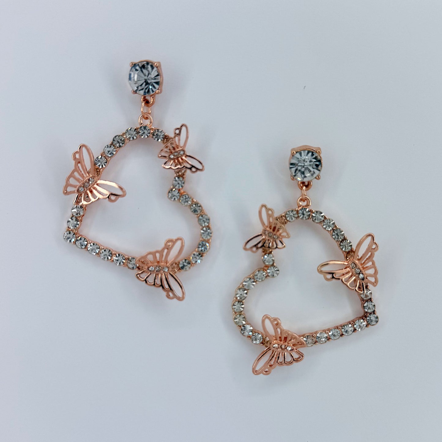 Rhinestone Post Back With Heart Shape Rhinestones Design And Butterfly Dangle