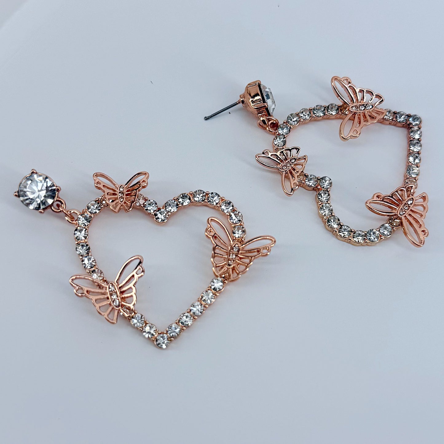 Rhinestone Post Back With Heart Shape Rhinestones Design And Butterfly Dangle