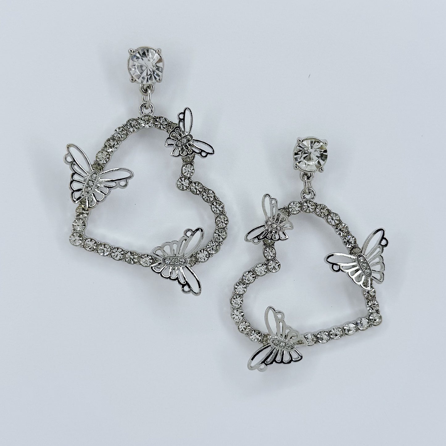 Rhinestone Post Back With Heart Shape Rhinestones Design And Butterfly Dangle