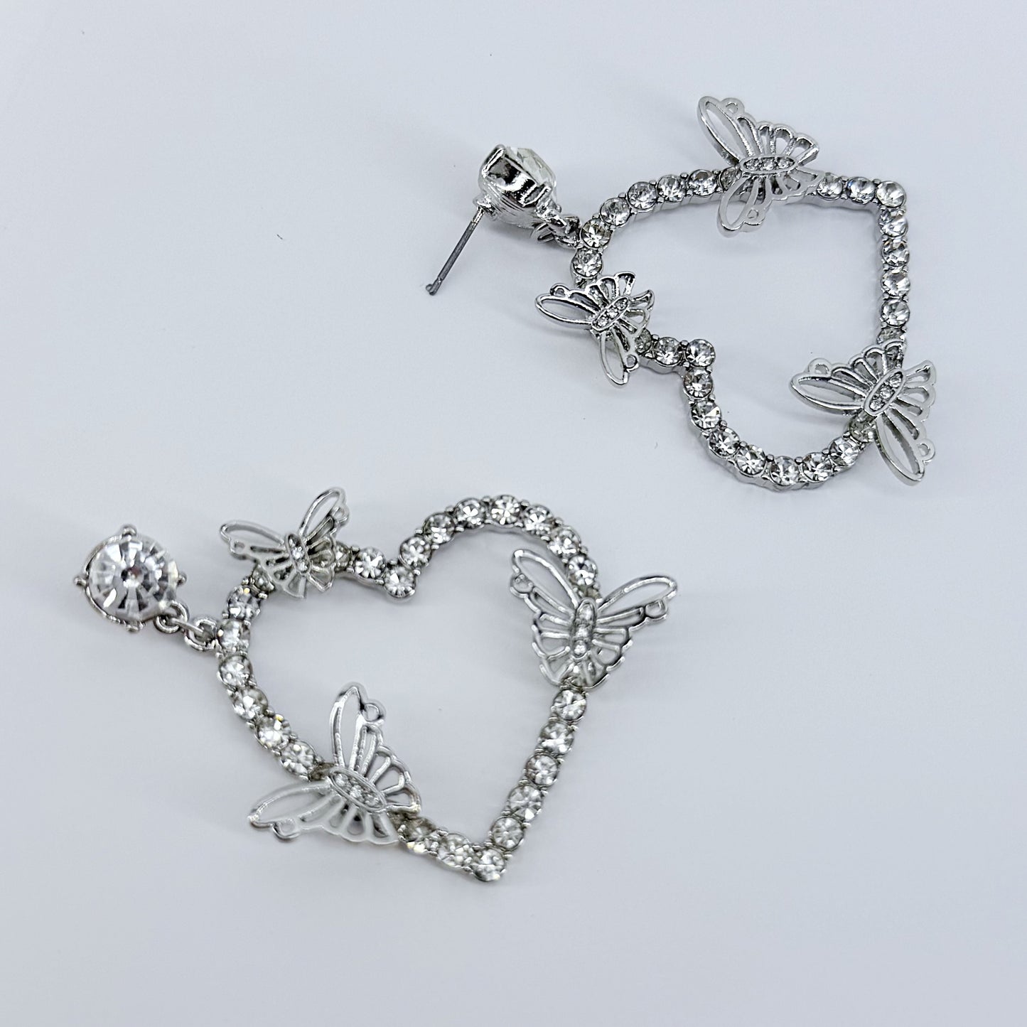 Rhinestone Post Back With Heart Shape Rhinestones Design And Butterfly Dangle